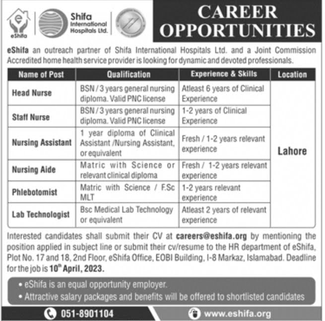 eShifa Lahore Jobs 2023