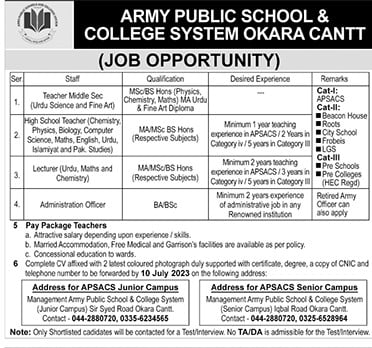 Army Public Schools and Colleges System APSACS Okara Jobs 2023