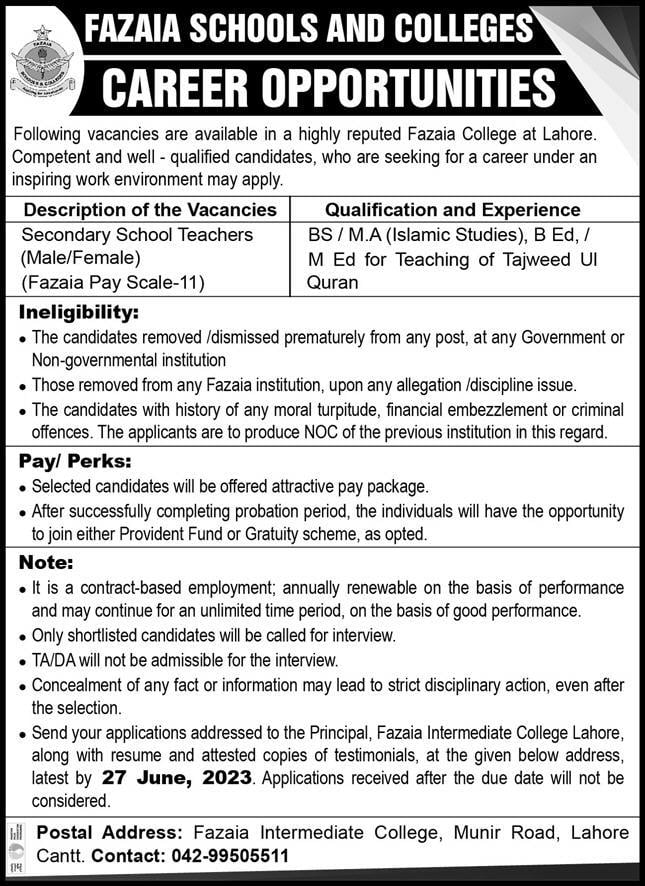 Fazaia Schools and Colleges Lahore Jobs 2023