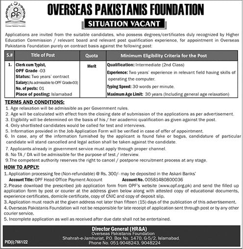 Overseas Pakistanis Foundation OPF Jobs 2023