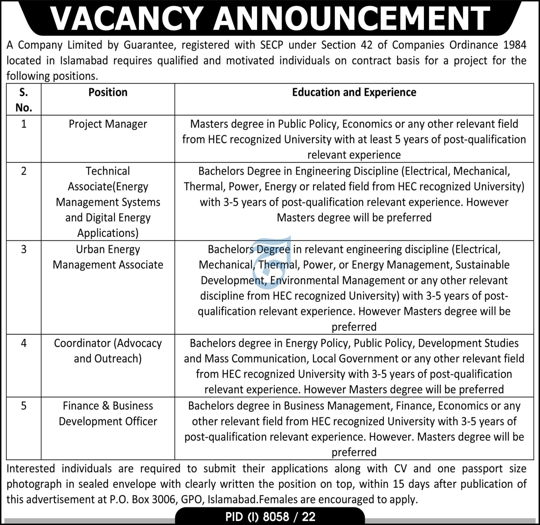 PO Box 3006 Islamabad Jobs 2023