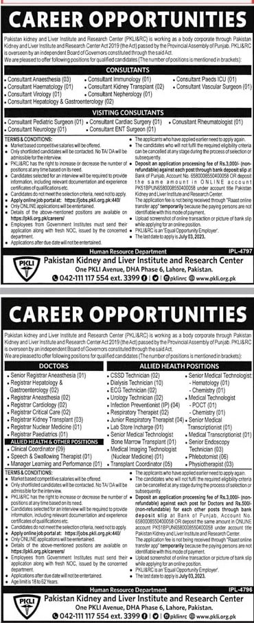 Pakistan Kidney and Liver Institute PKLI Jobs 2023