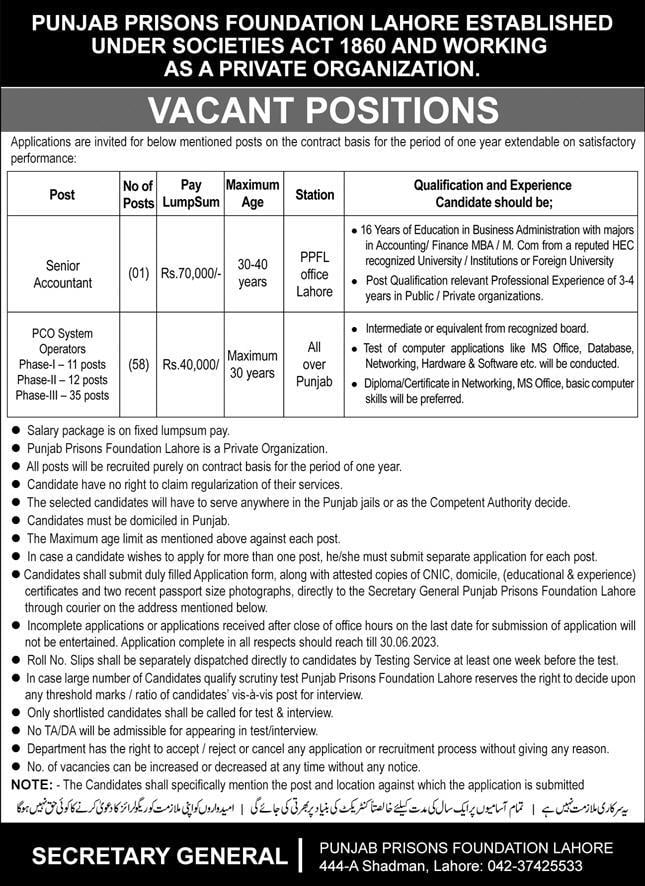 Punjab Prisons Foundation Lahore Jobs 2023