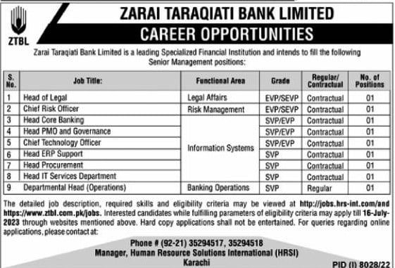 Zarai Taraqiati Bank ZTBL Jobs 2023