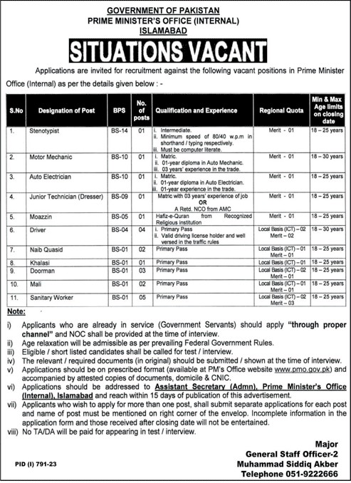 Prime Minister Office PMO Islamabad Jobs 2023