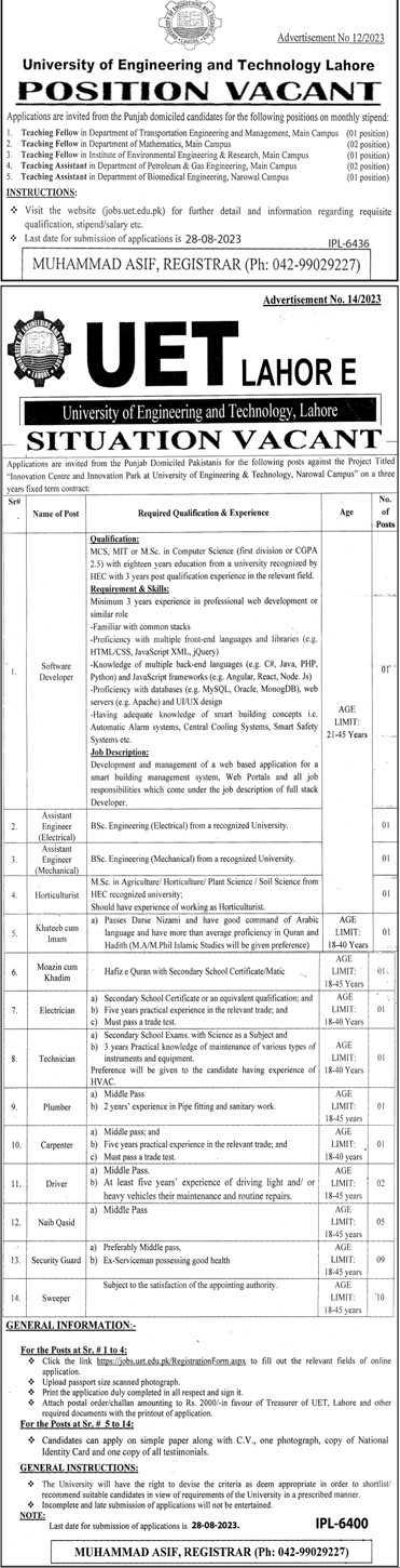 UET Lahore Jobs 2023 Apply online at uet.edu.pk
